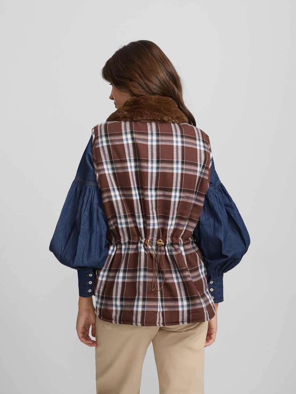 Brown combined fabric padded vest