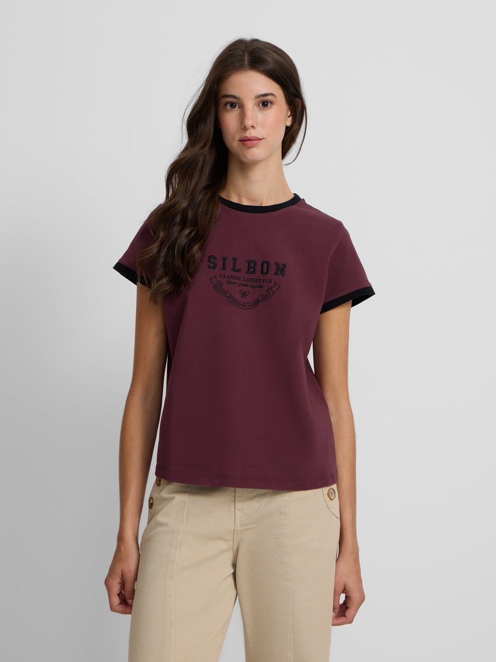 T-shirt bordeaux Silbon Varsity pour femme