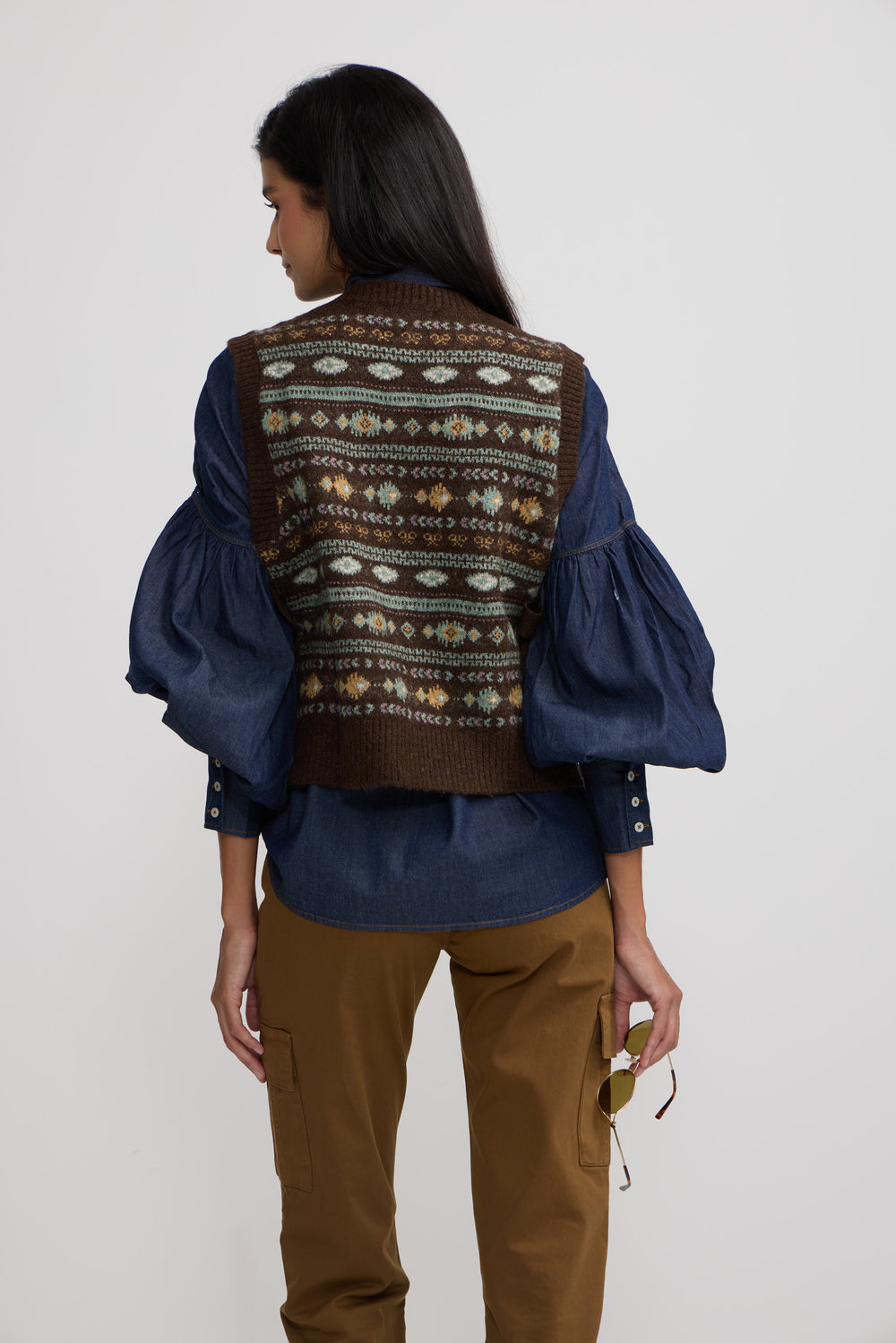 Chaleco punto lazada jacquard marron