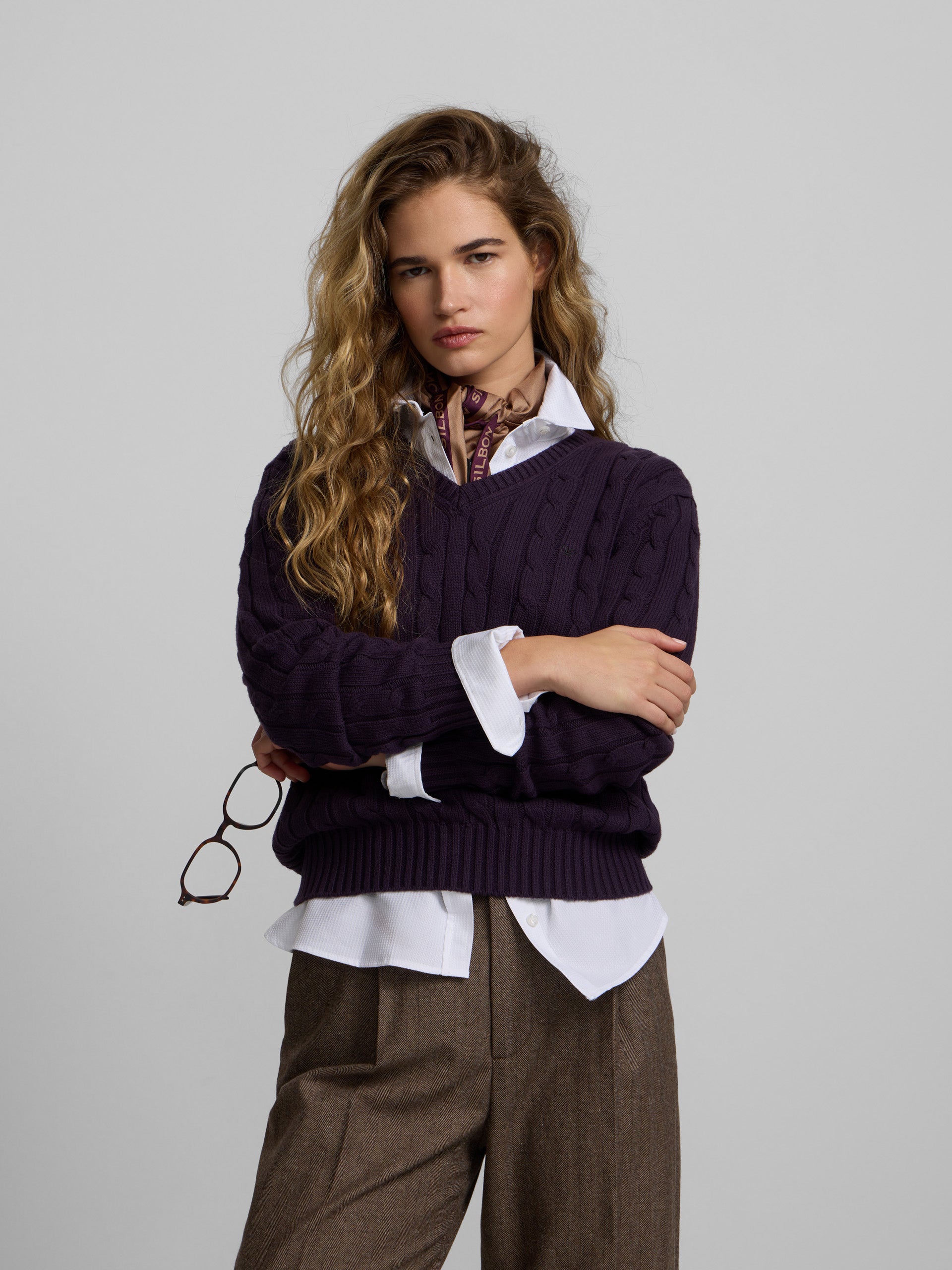 Purple V-neck knit sweater