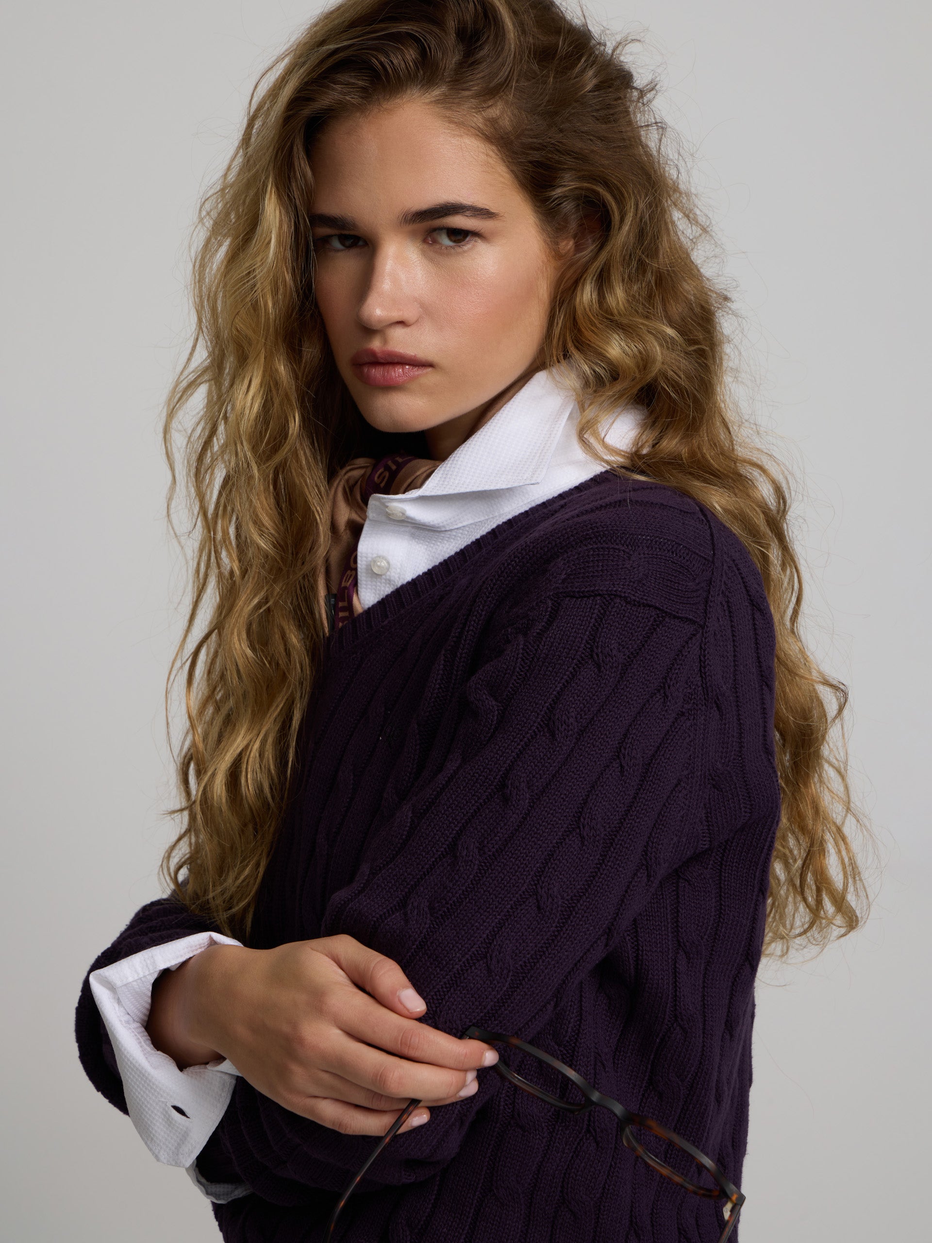 Purple V-neck knit sweater