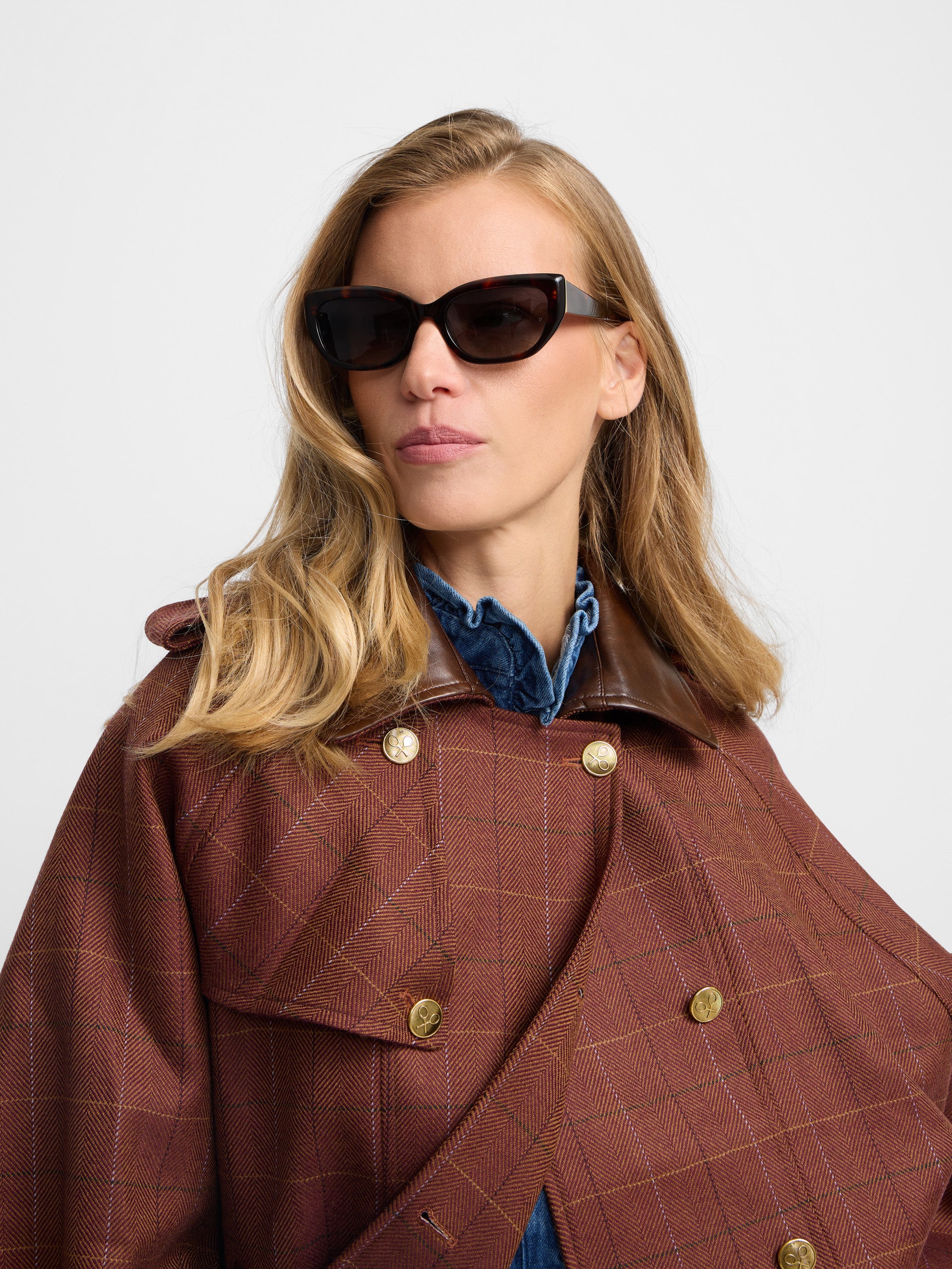 Brown plaid leather detail cape