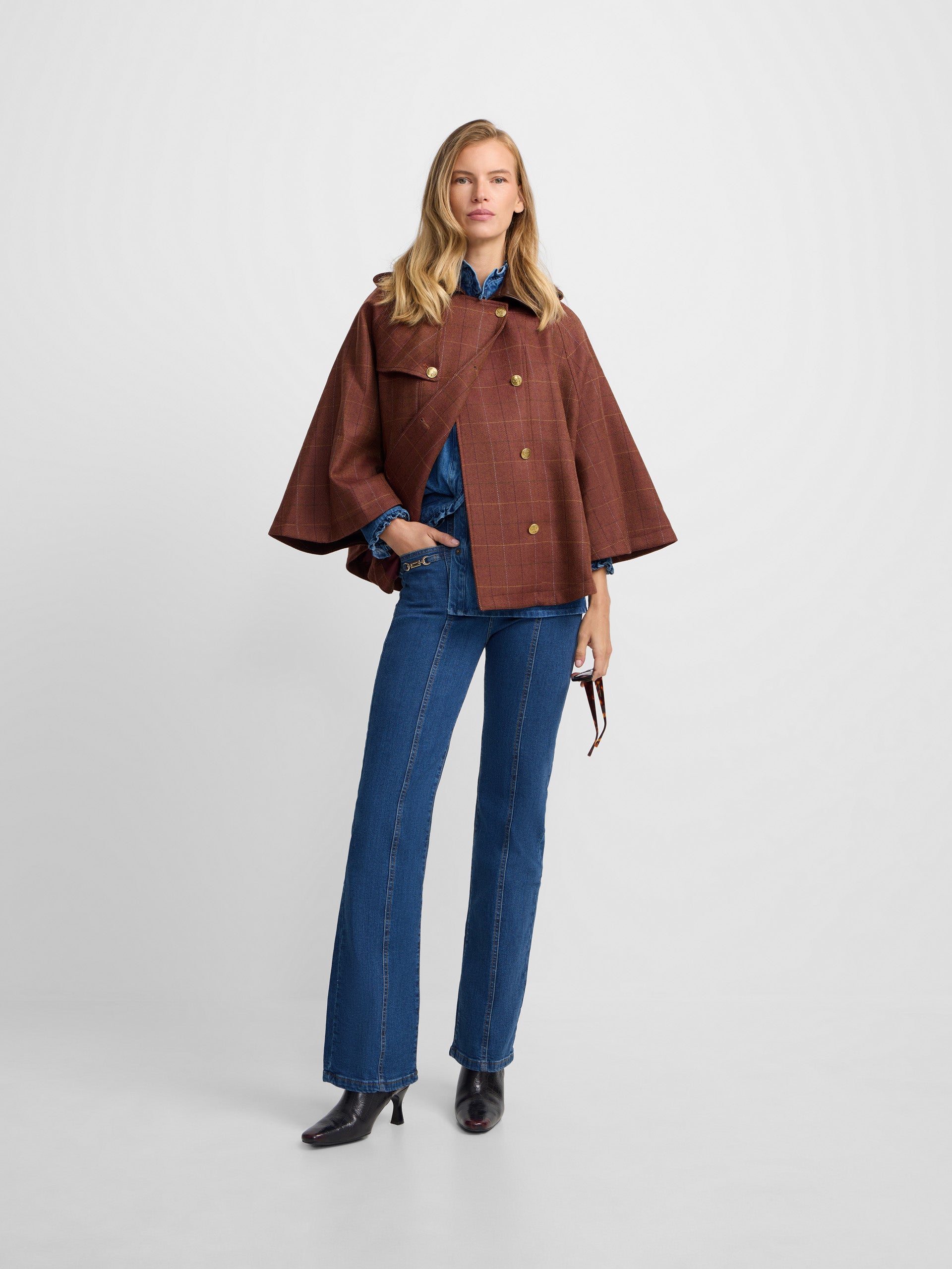 Brown plaid leather detail cape