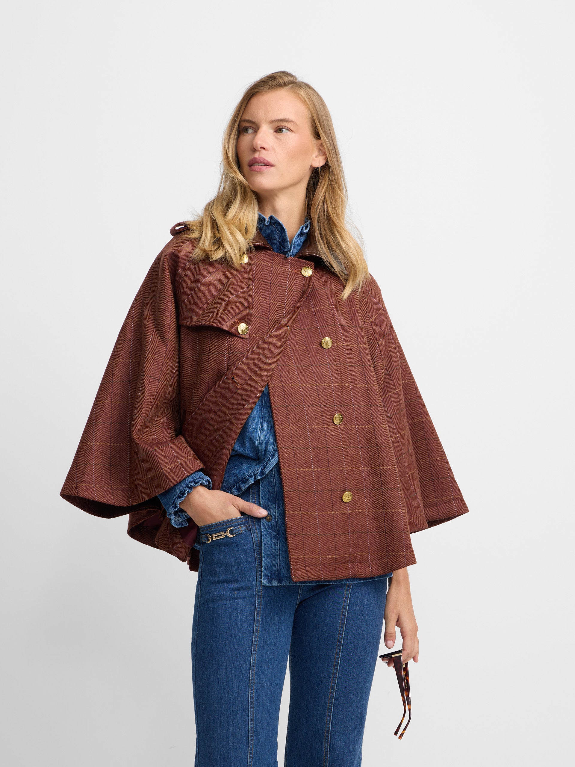 Brown plaid leather detail cape