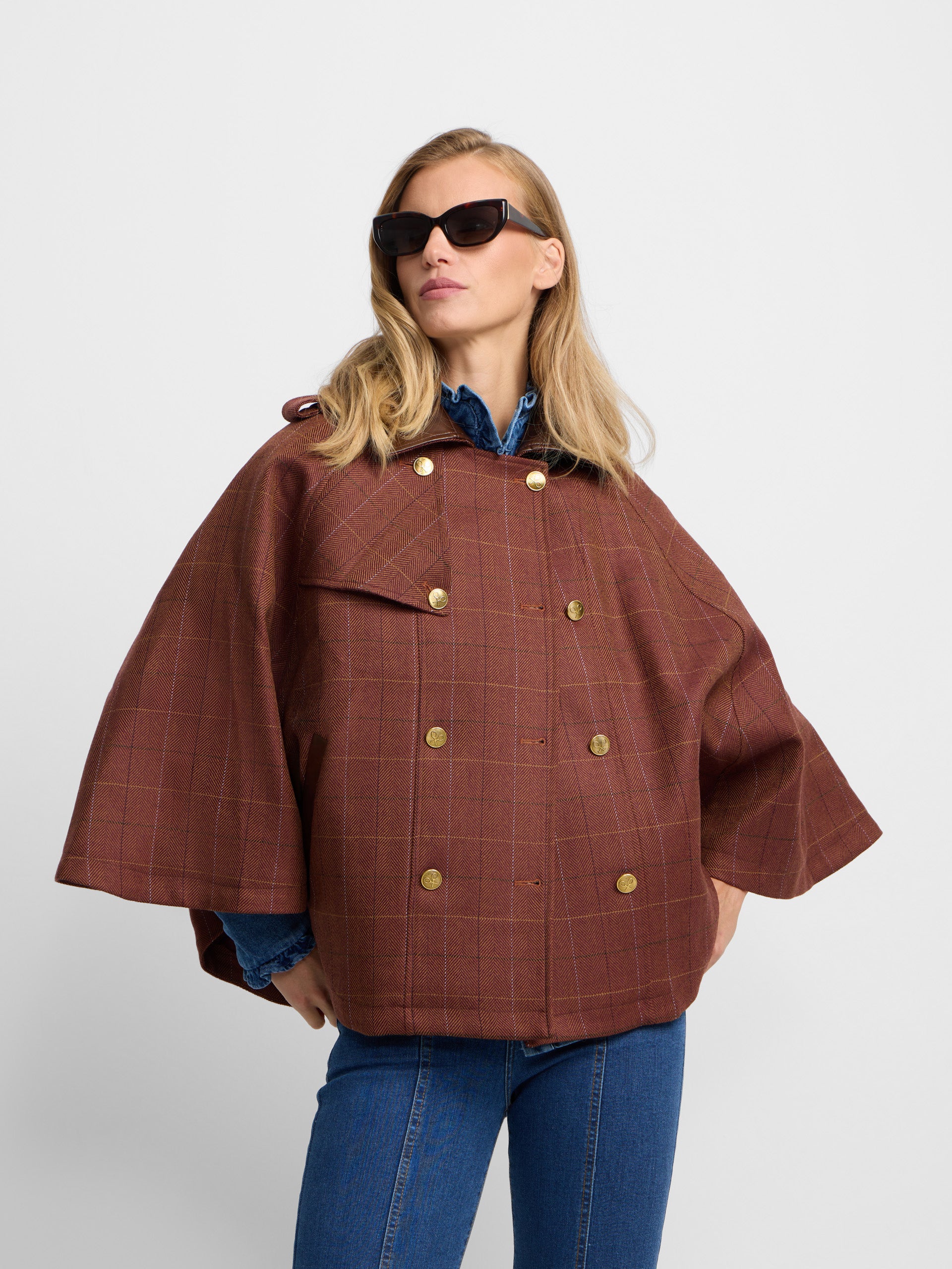 Brown plaid leather detail cape