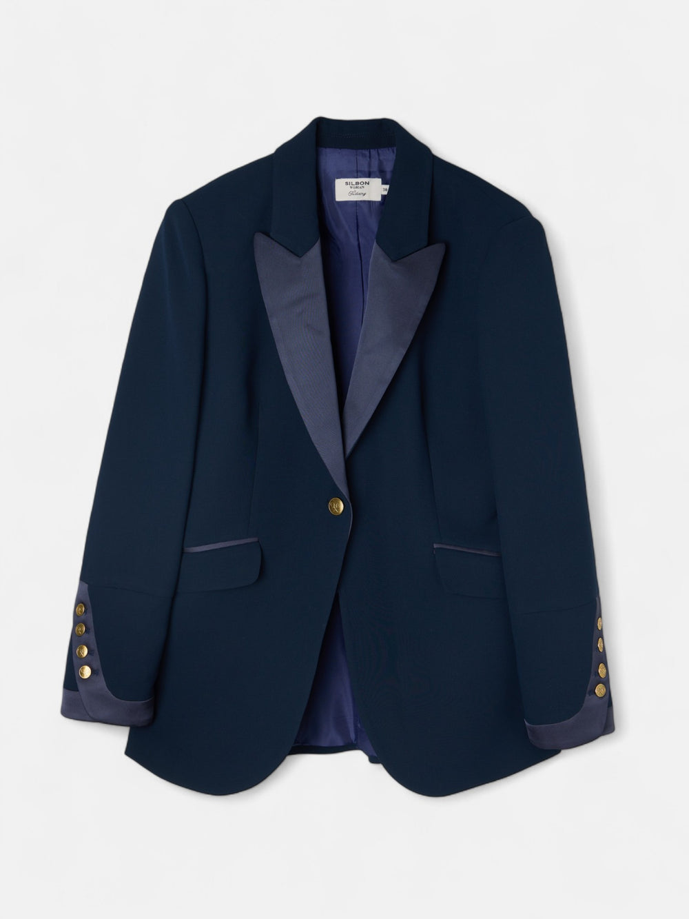 Blazer clássico com detalhes em cetim azul-marinho