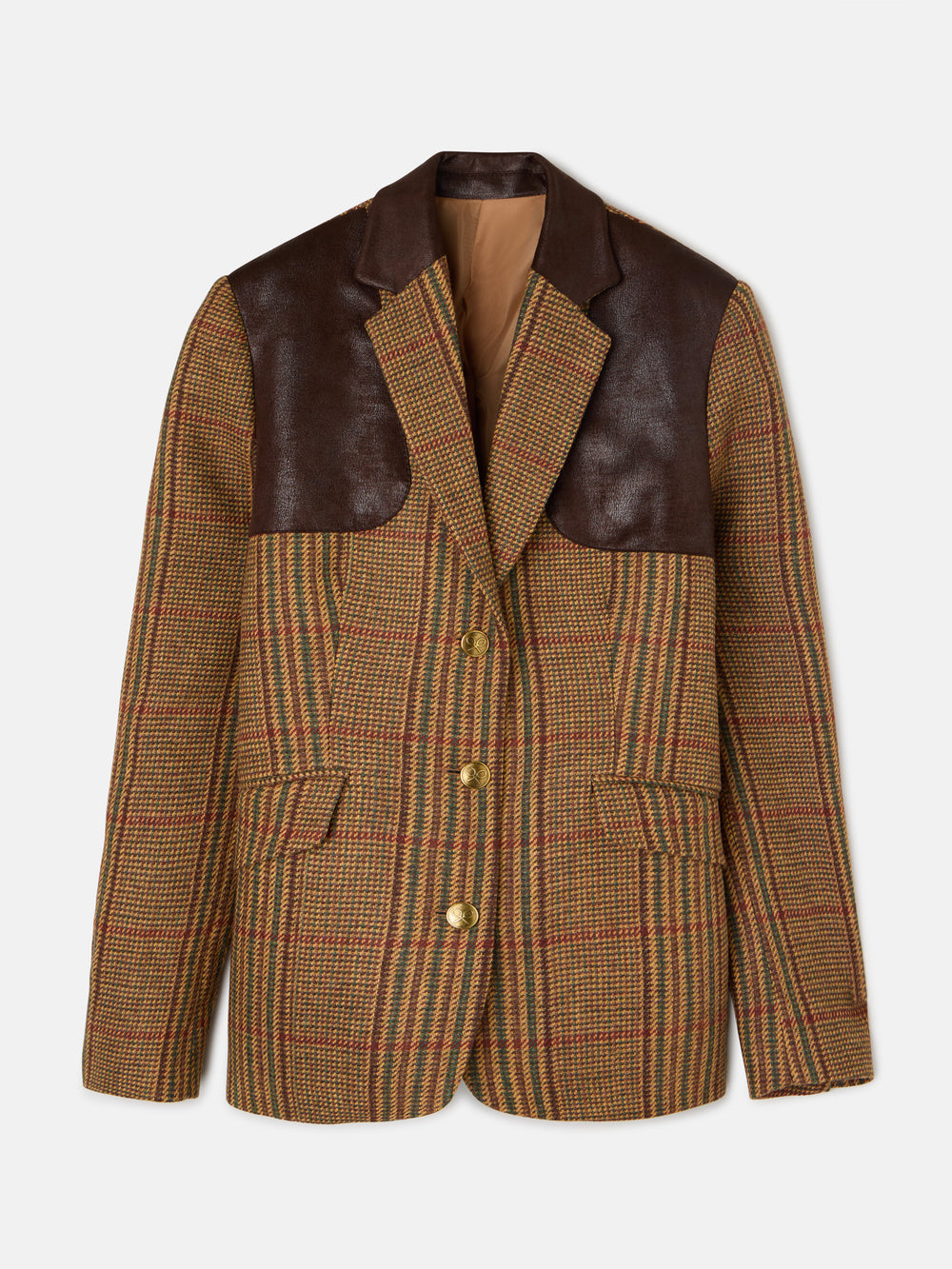 Blazer combinada em pele com padrão de quadrados castanhos