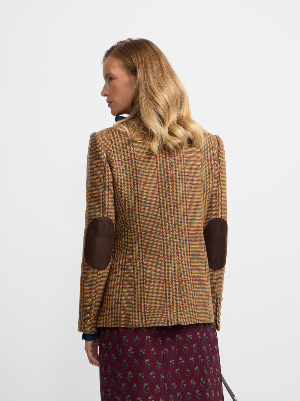 Blazer combinada em pele com padrão de quadrados castanhos