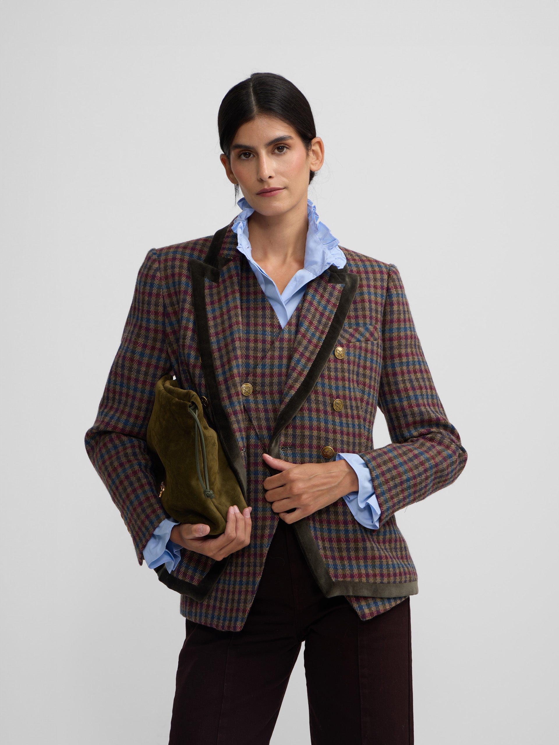 Blazer cruzado clássico com padrão de quadrados verdes