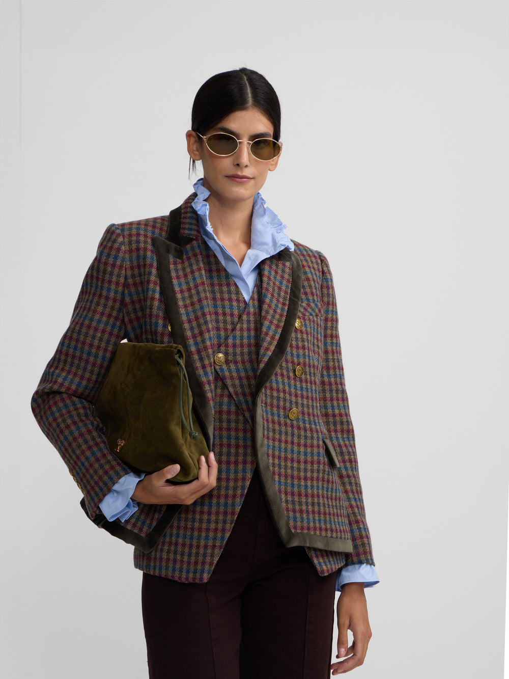 Blazer cruzado clássico com padrão de quadrados verdes