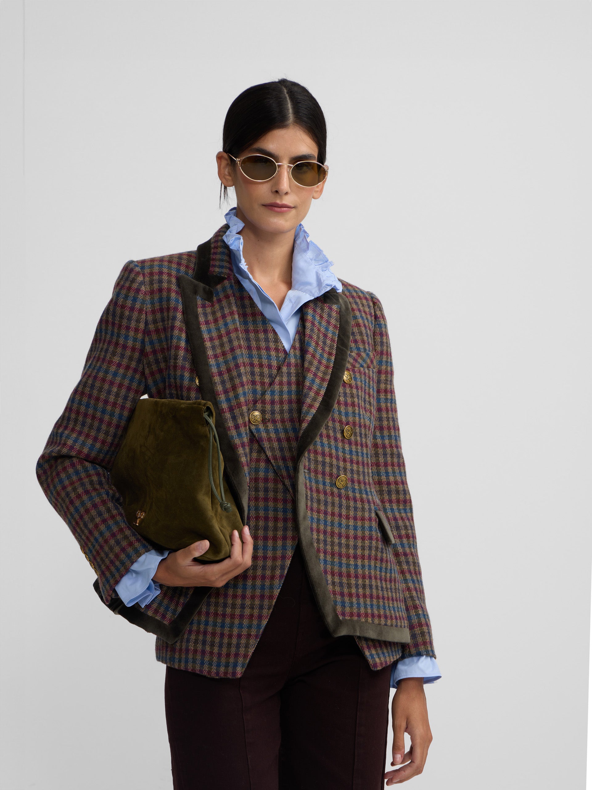 Blazer cruzado clássico com padrão de quadrados verdes