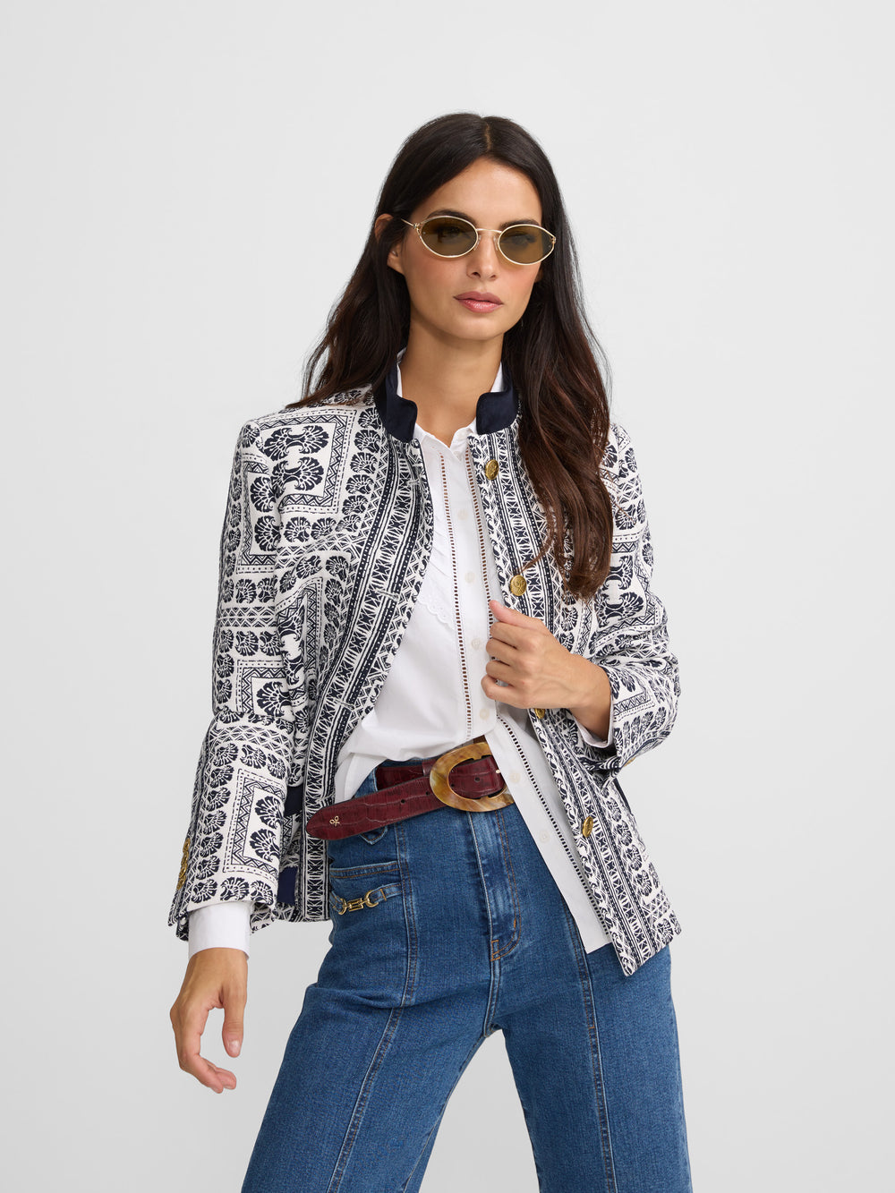 Navy blue motif jacquard blazer