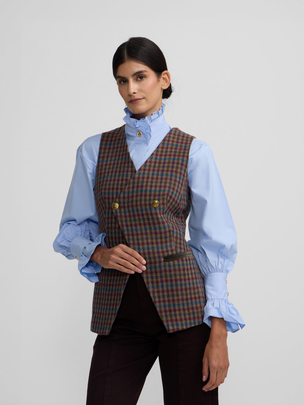 Chaleco cruzado clasico cuadros verdes