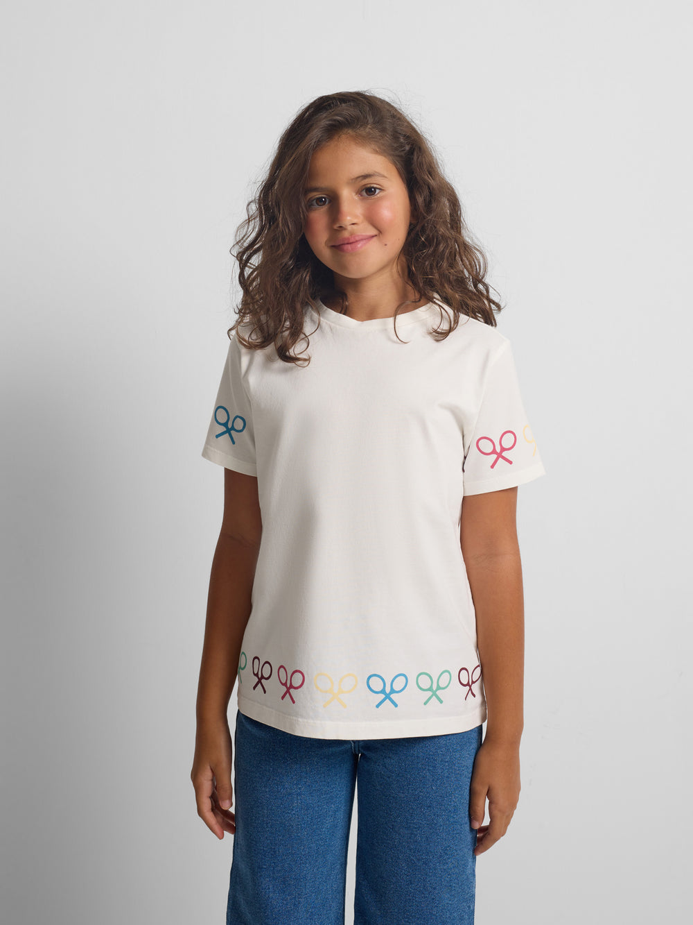 T-shirt menina raquetes multicolor branca
