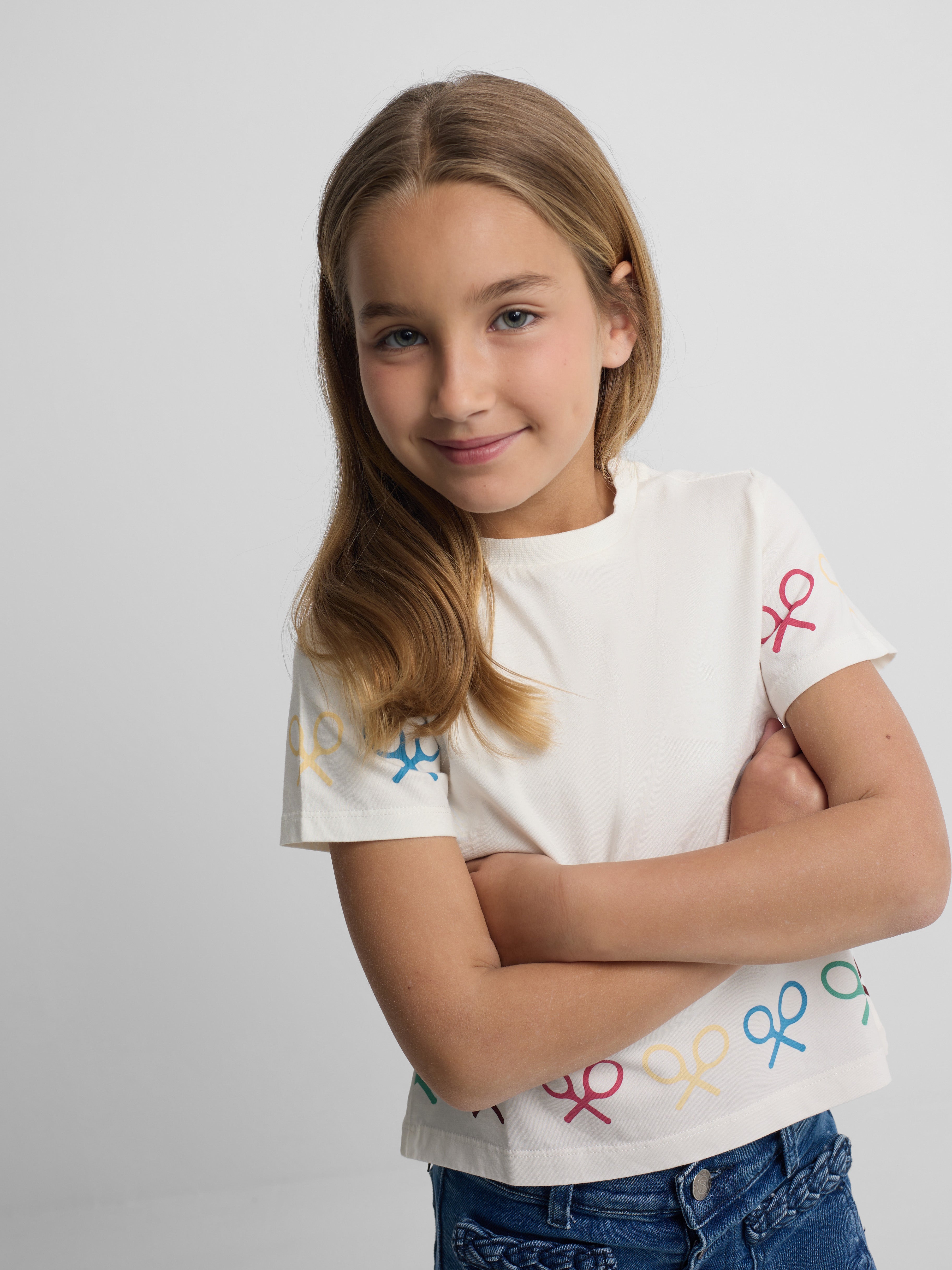 White multicolor racket girl t-shirt