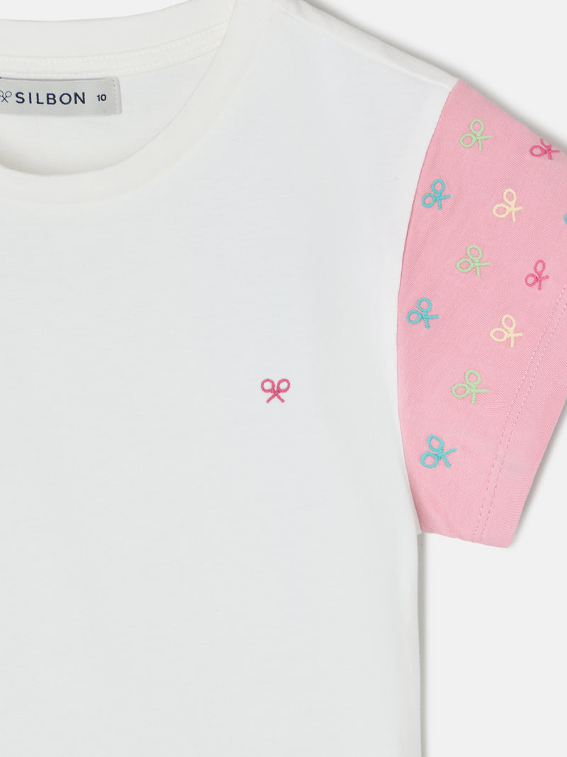 White girl's t-shirt with printed sleeves