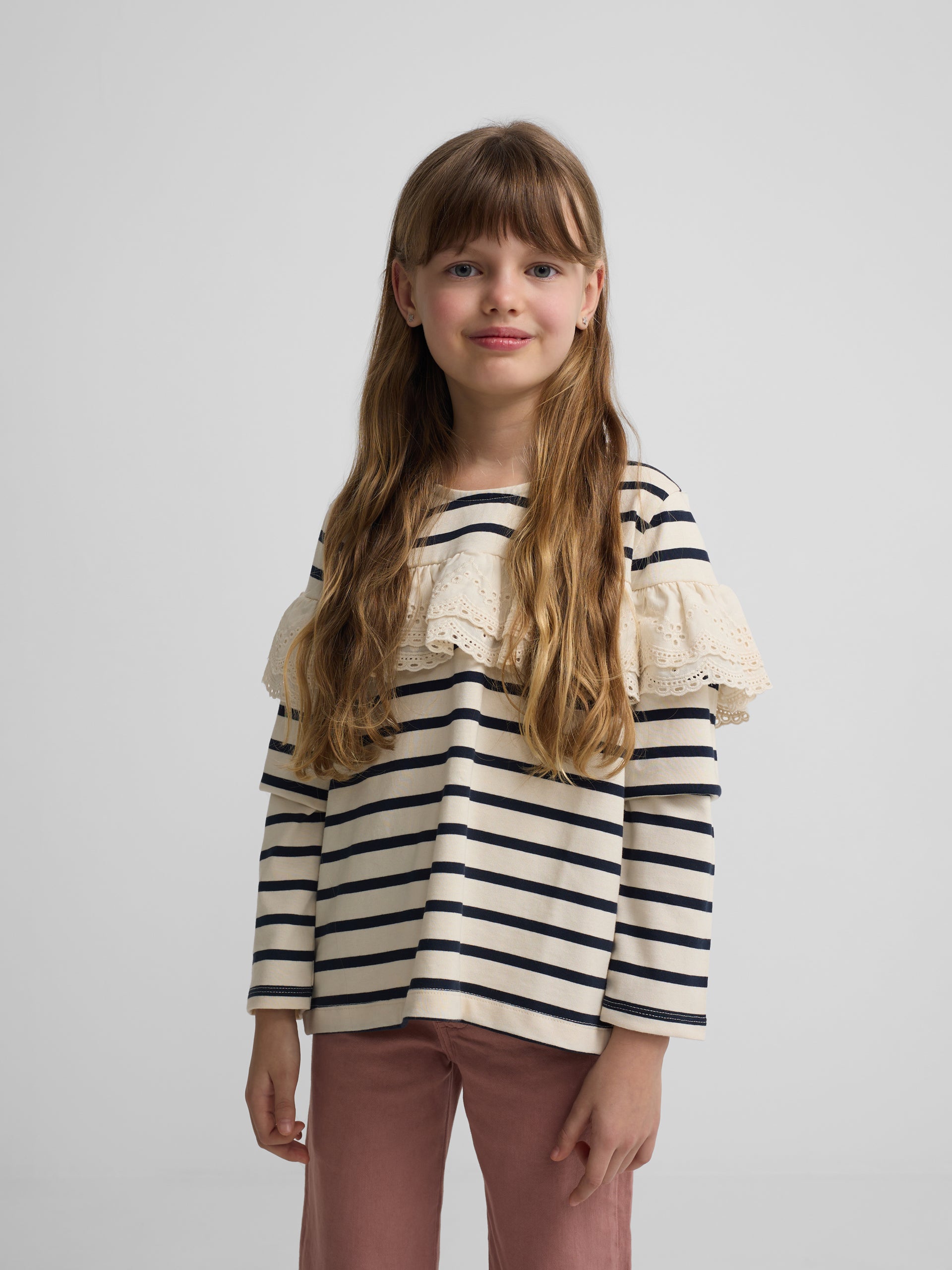 Camiseta girl manga larga volante rayas marino