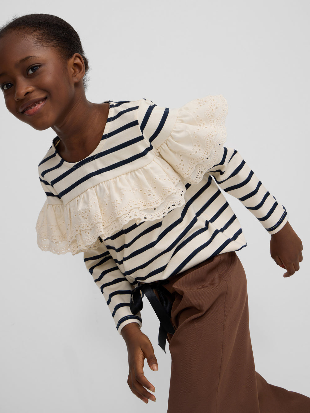 Camiseta girl manga larga volante rayas marino