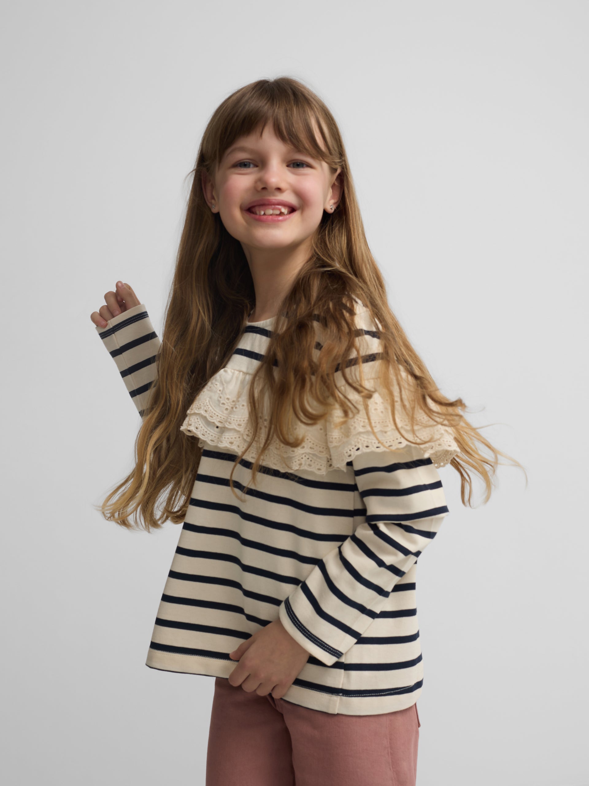 Camiseta girl manga larga volante rayas marino