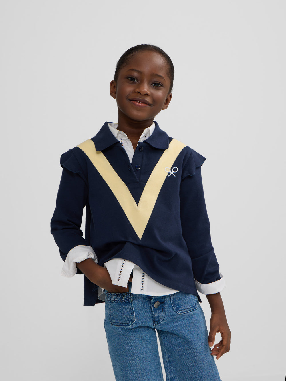 Navy blue long-sleeved polo girl