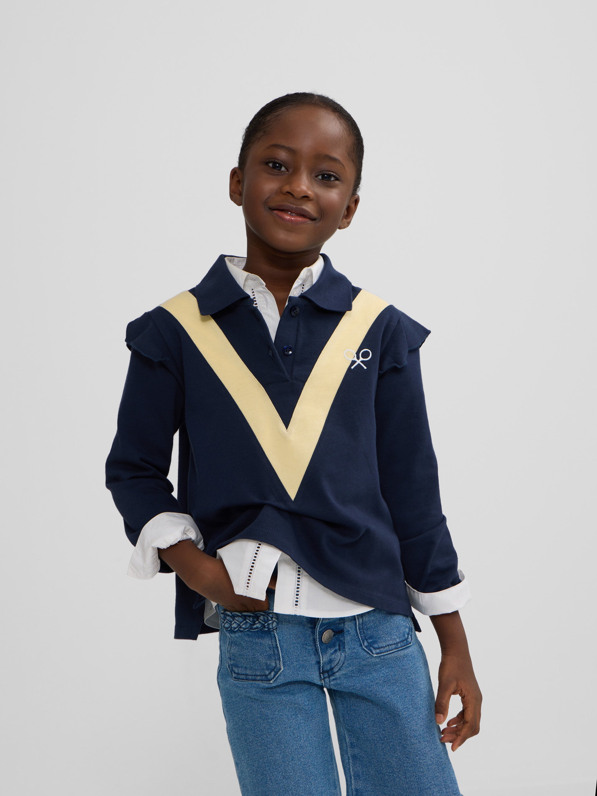 Navy blue long-sleeved polo girl