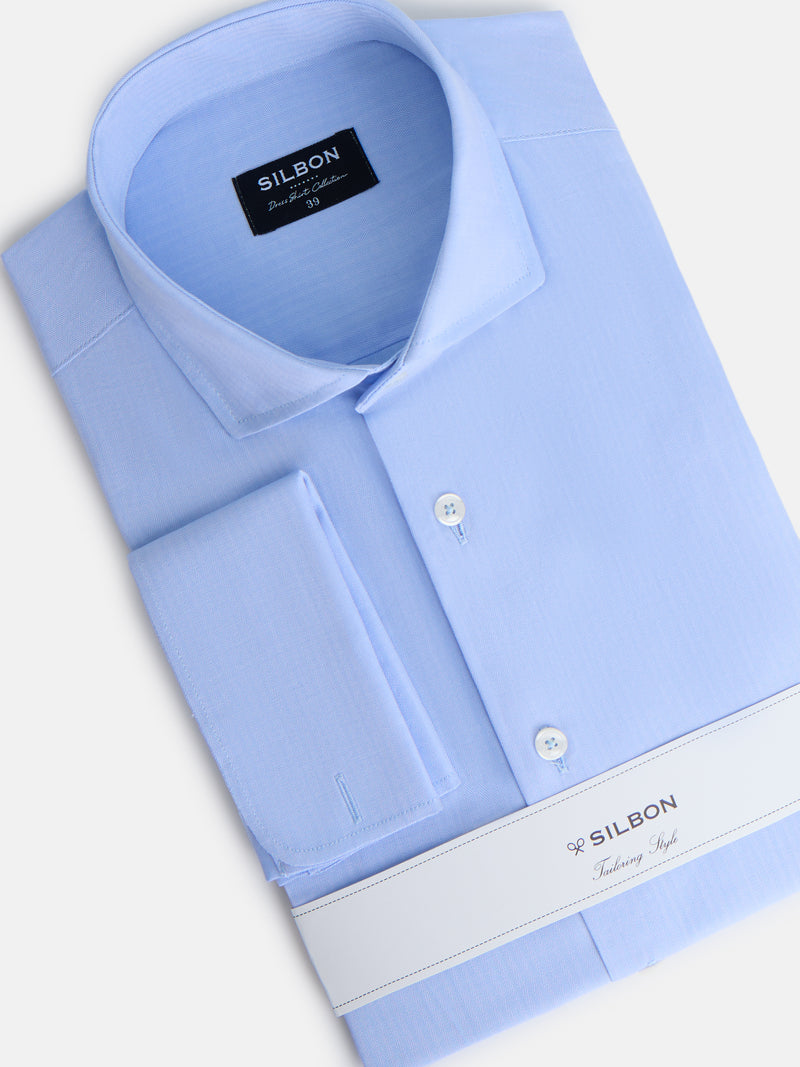 Camisa de vestir espinha punho duplo azul-claro