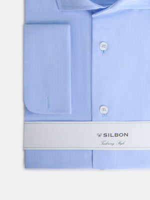 Camisa de vestir espinha punho duplo azul-claro
