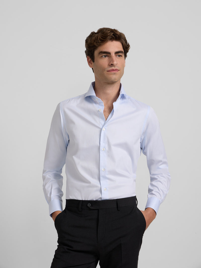 Camisa de vestir riscas finas punho duplo azul-claro
