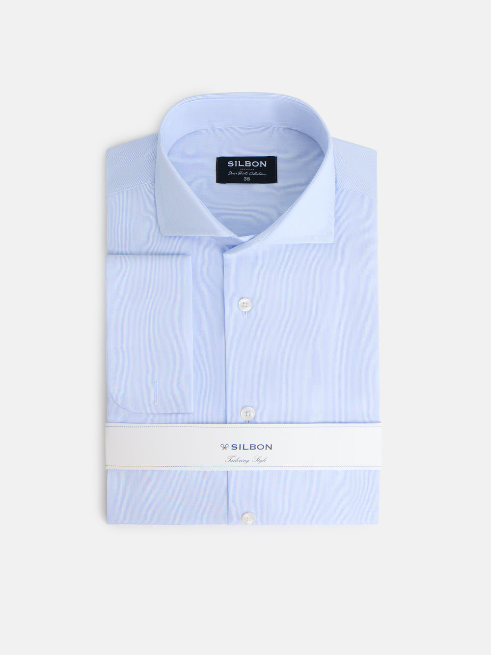 Camisa de vestir riscas finas punho duplo azul-claro