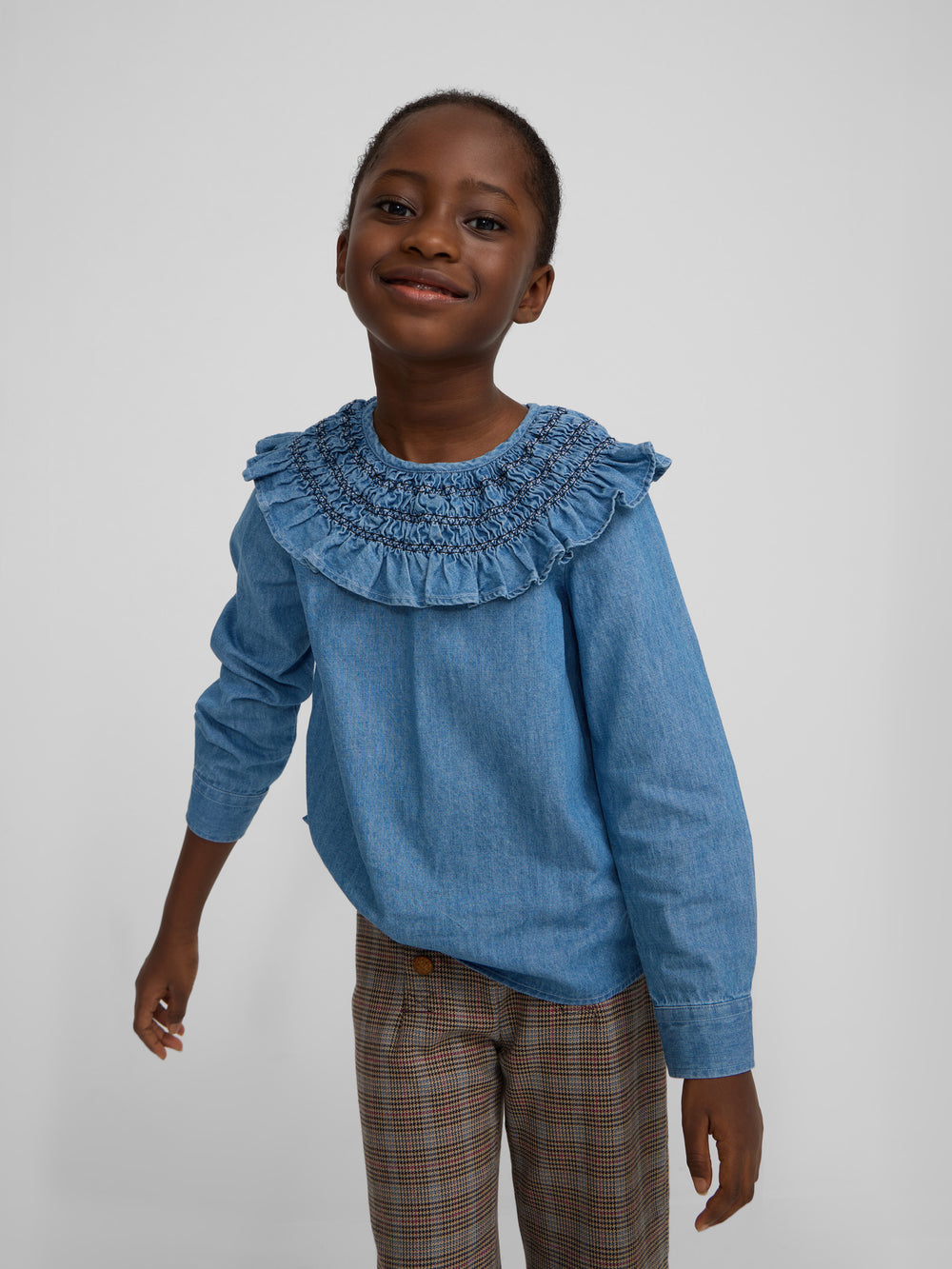 Girl's blouse with denim cuff detail