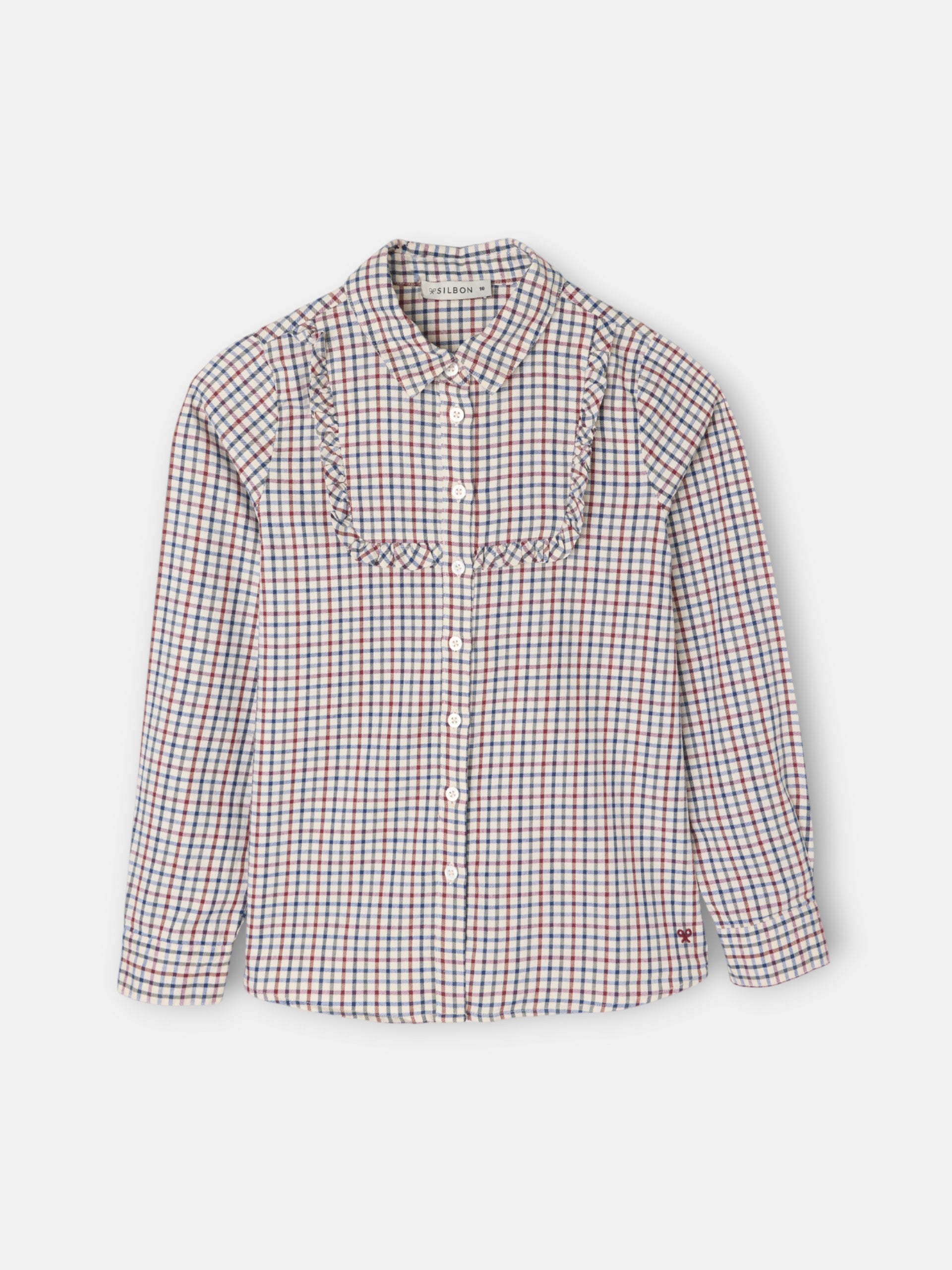 Camisa de menina com folho aos quadrados azul e vermelho