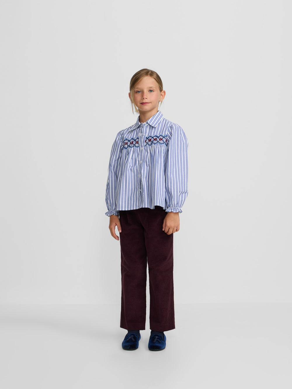 Camisa girl fruncidos rayas azul y blanca