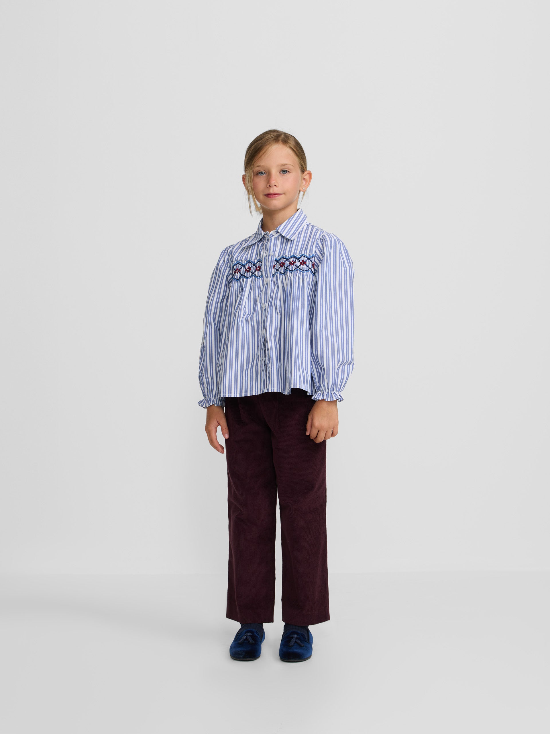 Camisa girl fruncidos rayas azul y blanca