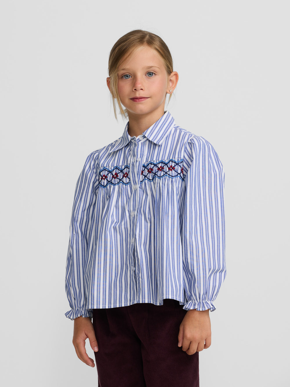 Camisa girl fruncidos rayas azul y blanca