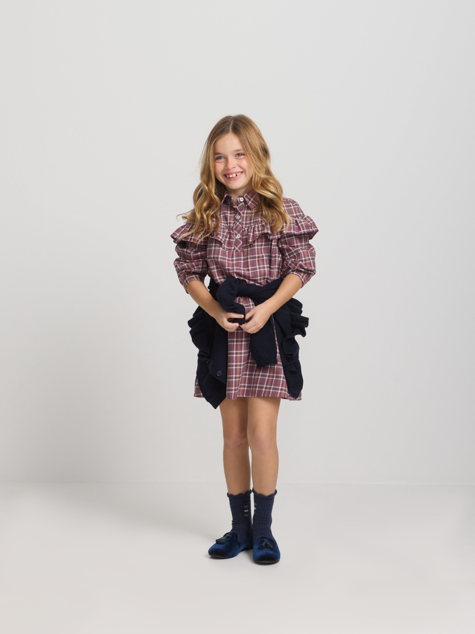 Girl's dress with purple and pink checkered ruffles