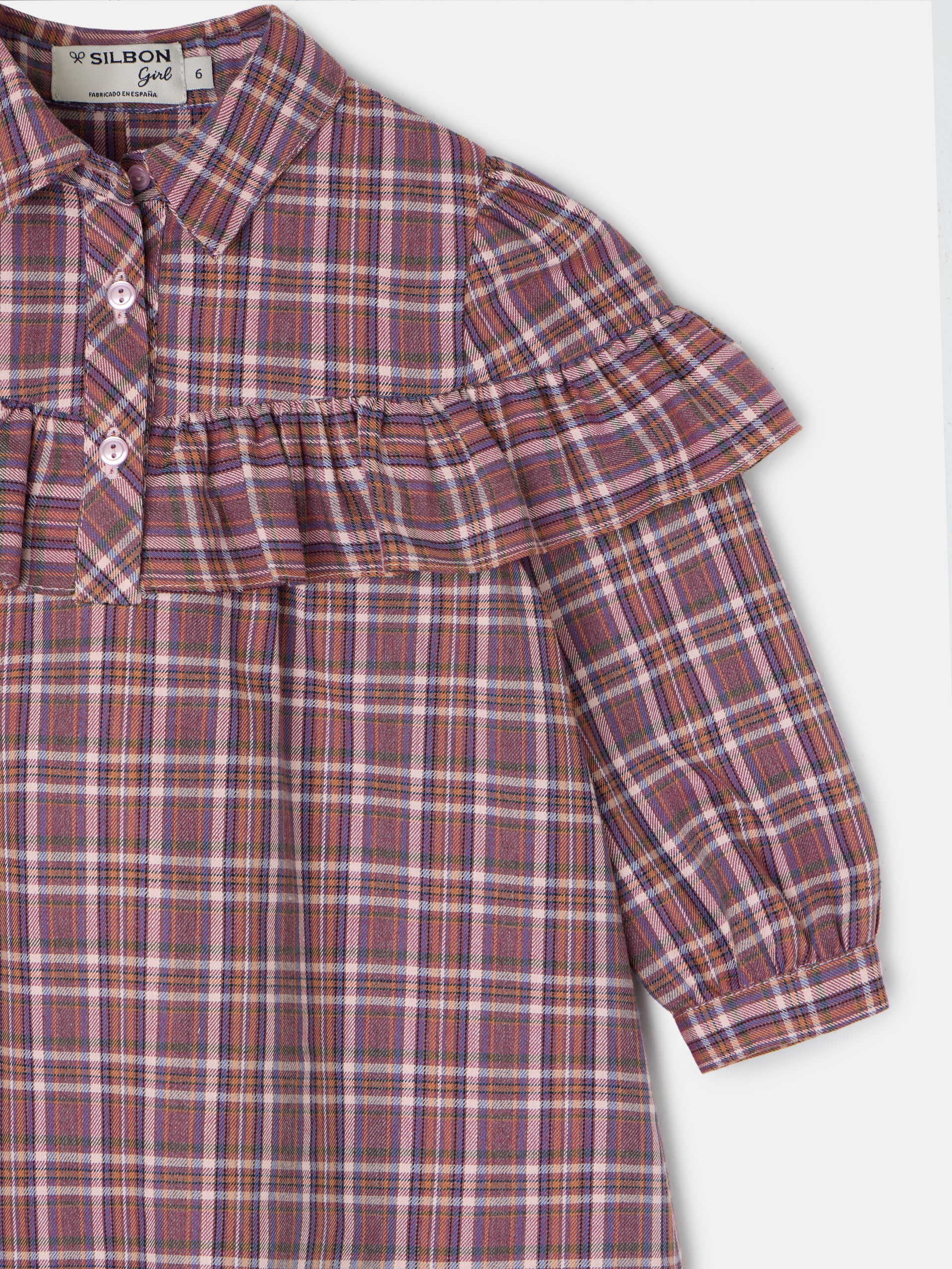 Girl's dress with purple and pink checkered ruffles