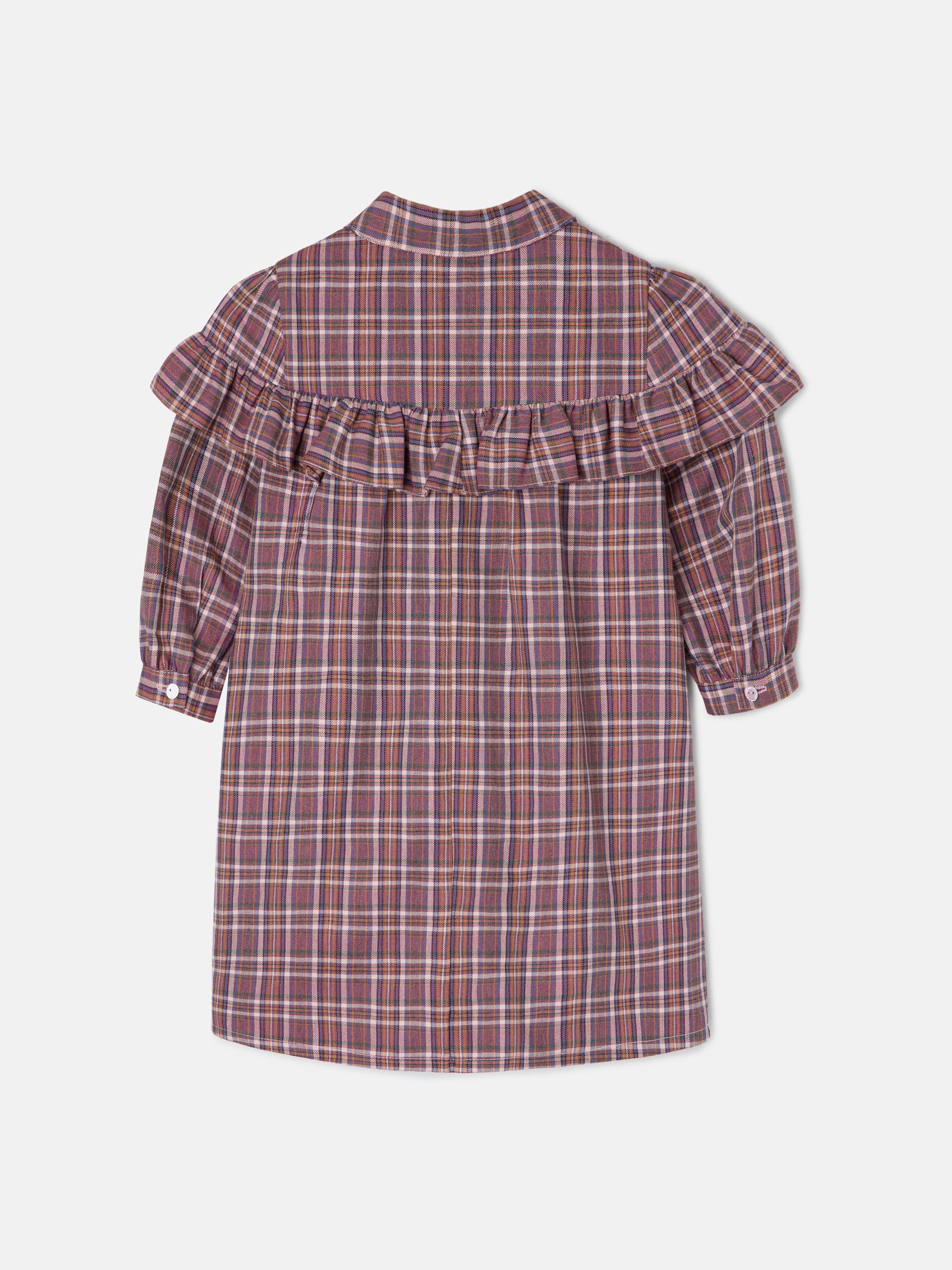 Girl's dress with purple and pink checkered ruffles