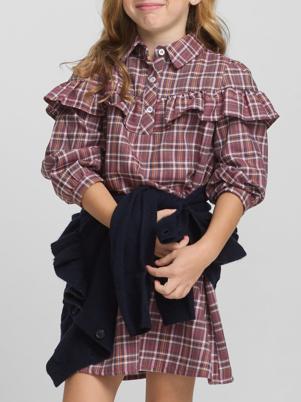 Vestido girl volante cuadros morados y rosas