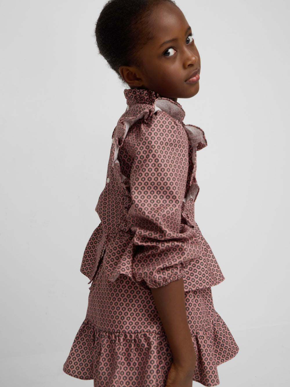 Pink ethnic print girl blouse with drawstrings