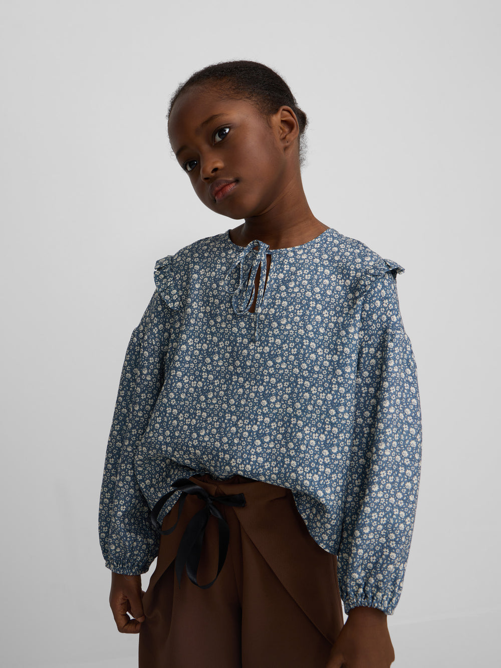 Light blue flower print girl blouse