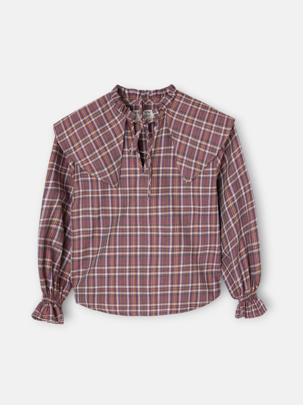 Girl's blouse with purple and pink checkered ruffles