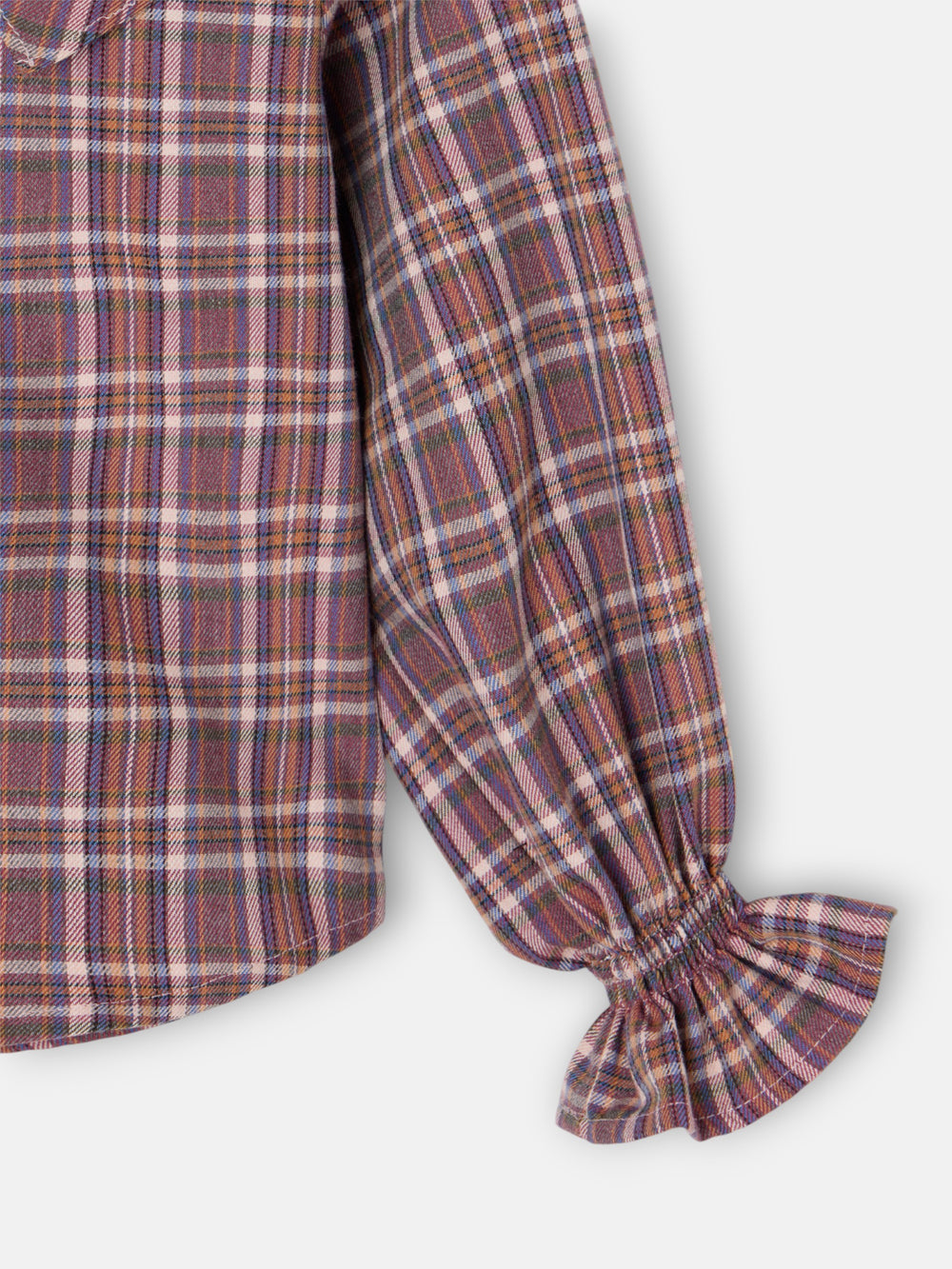 Girl's blouse with purple and pink checkered ruffles