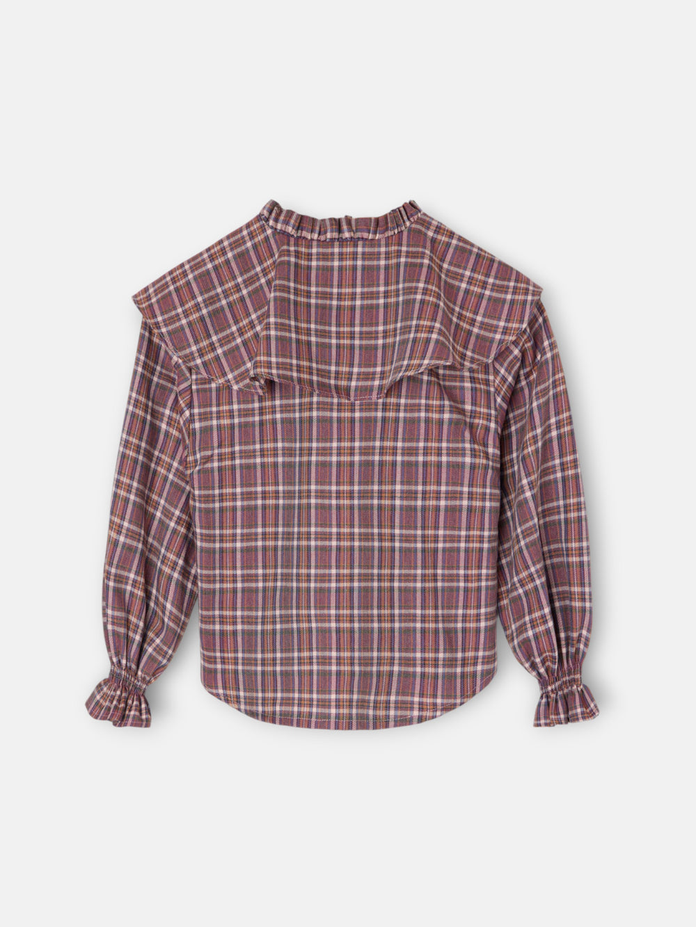 Girl's blouse with purple and pink checkered ruffles