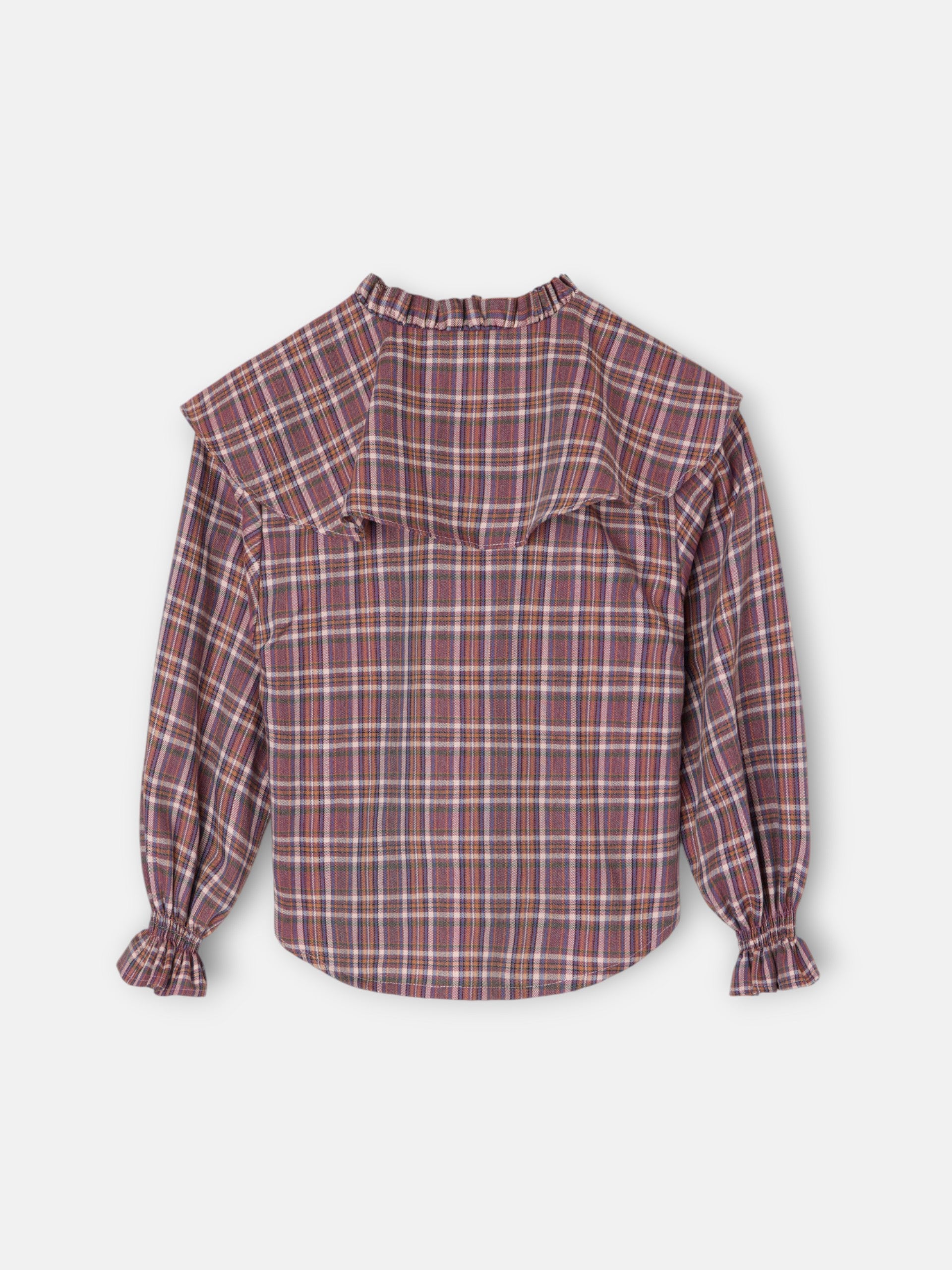Girl's blouse with purple and pink checkered ruffles