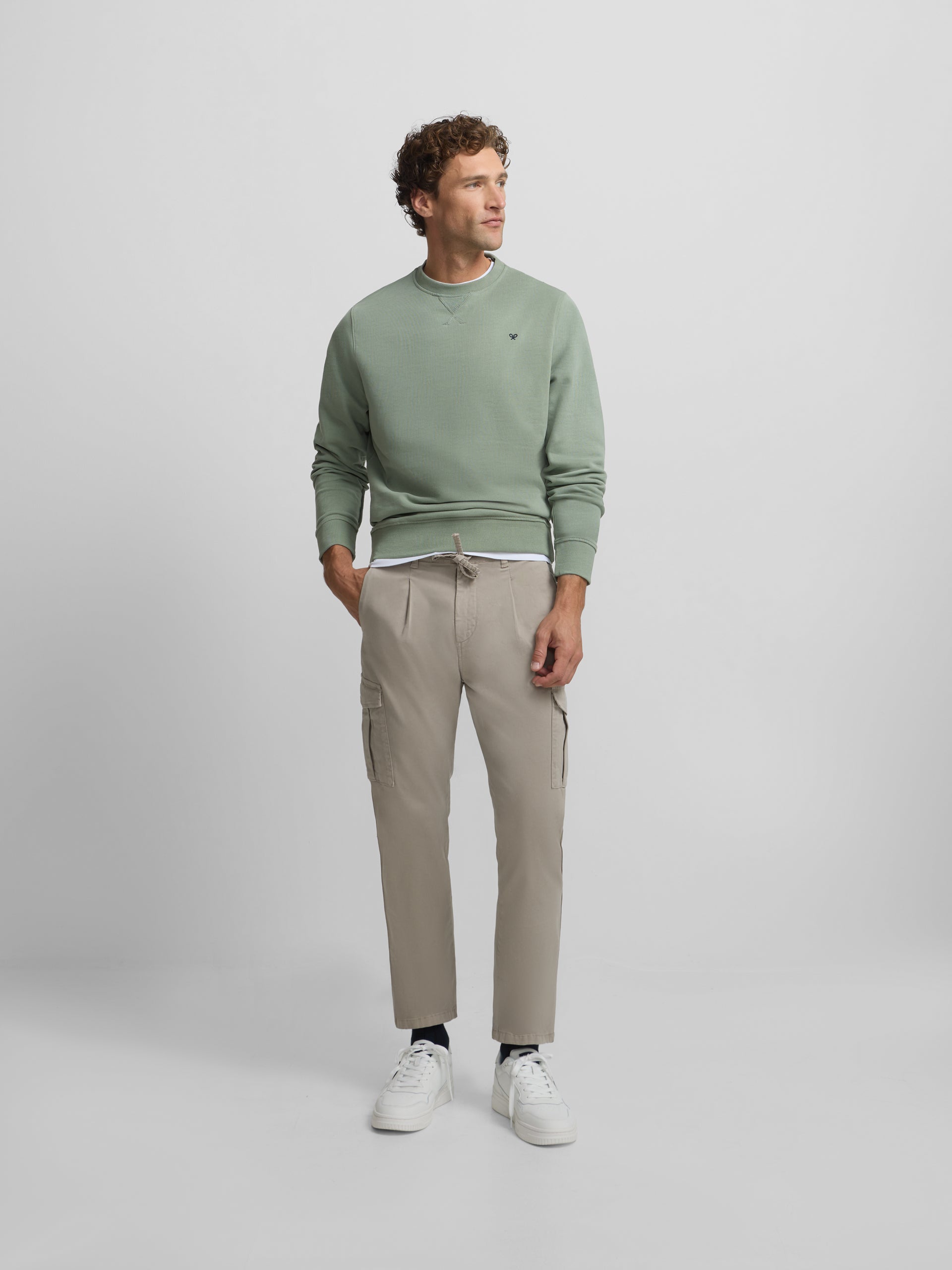 Beige pleated cargo jogger pants