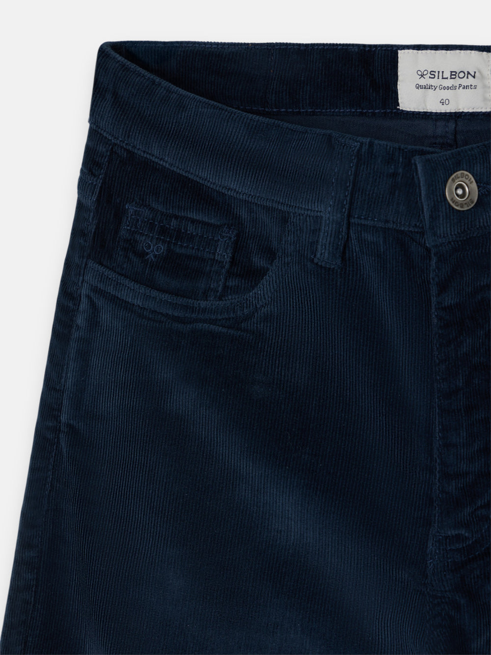Navy blue corduroy five-pocket sports trousers