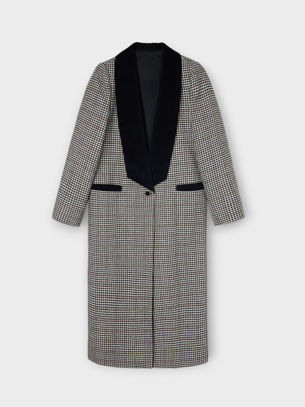 Abrigo largo solapa cuadros crudo y negro
