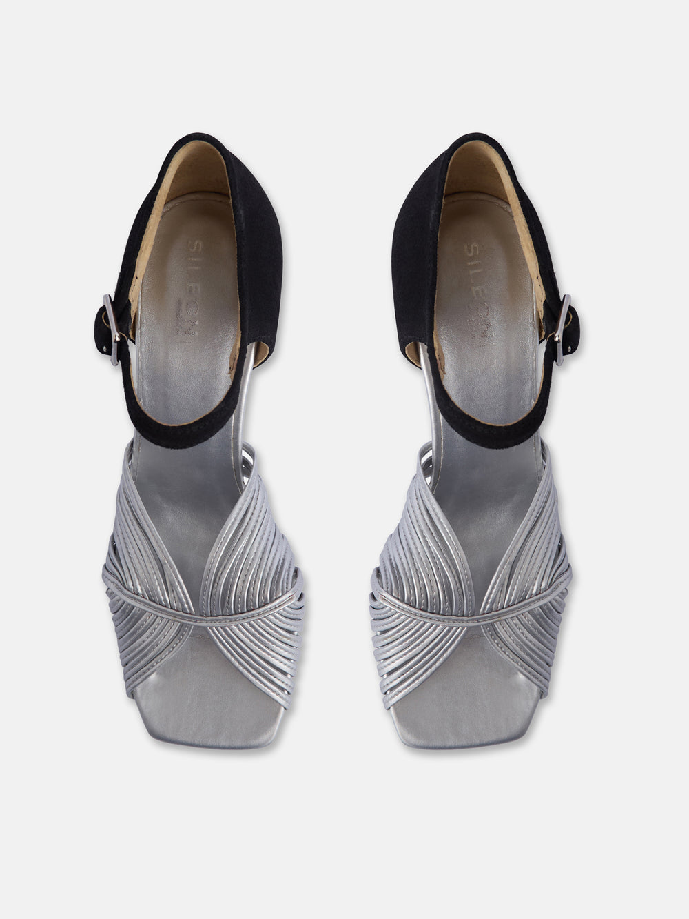 Black and silver combined leather heeled sandal