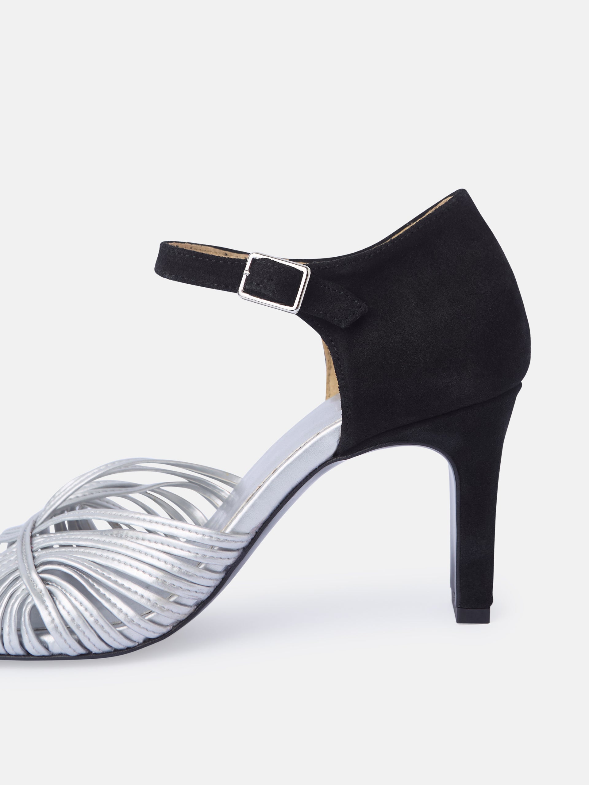 Black and silver combined leather heeled sandal