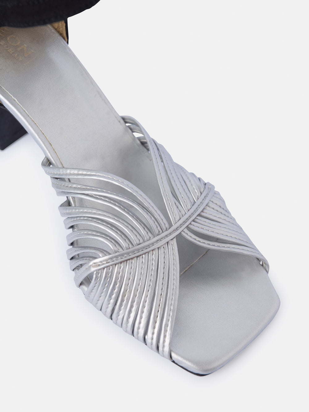 Black and silver combined leather heeled sandal